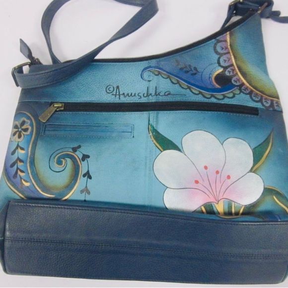 COPY - Anuschka Blue Tone Paisley Double Front Zip Hand Painted Leather Handbag - Picture 2 of 6